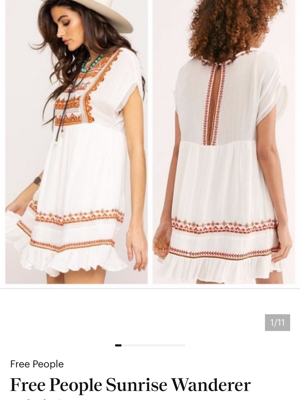 Free People White Mini Dress with Rust Embroidery Medium EUC